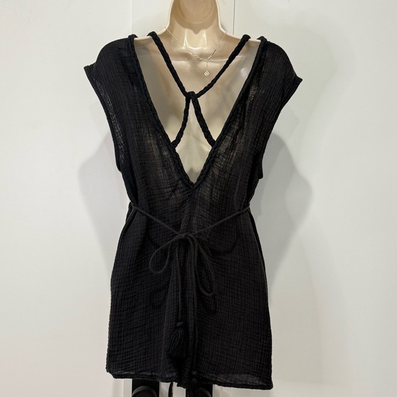 By Anthropologie Molly Braided Cover Up Romper Cotton Gauzy Black Small Beach - Picture 7 of 16